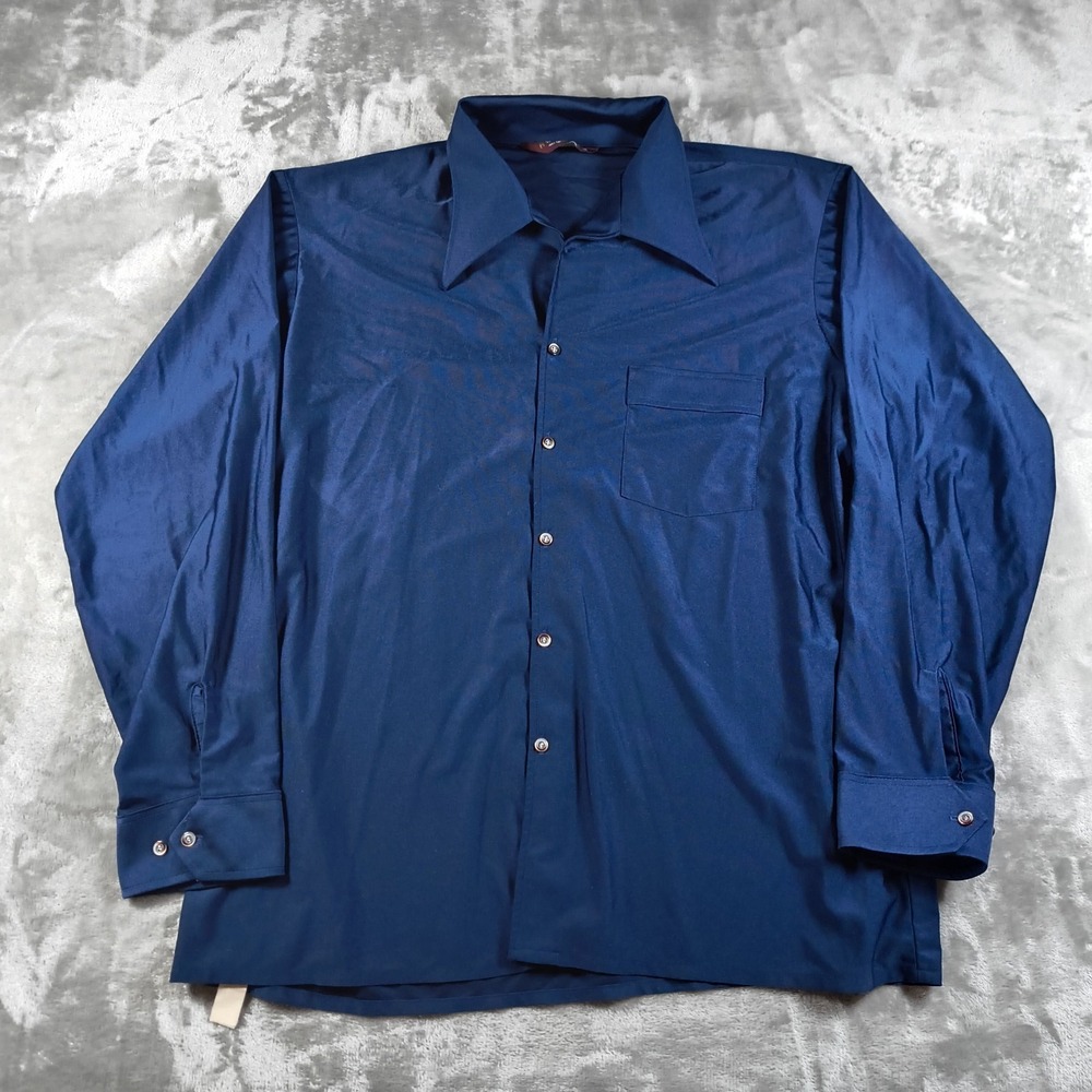 Vintage Van Heusen Disco Shirt Mens XL Blue Nylon Dagger Collar Qiana Statement‎